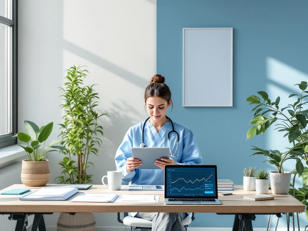 Professionele zorgwerkplek die transformeert van gedeelde naar persoonlijke praktijkruimte, met medische apparatuur en groeiende praktijkadministratie.