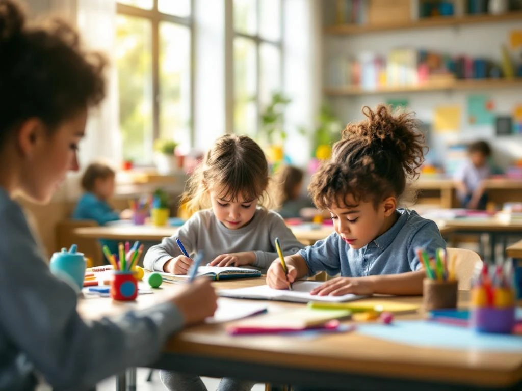 Leraar begeleidt kind met schrijven in moderne basisschool klaslokaal met kleurrijke leermaterialen en natuurlijk licht