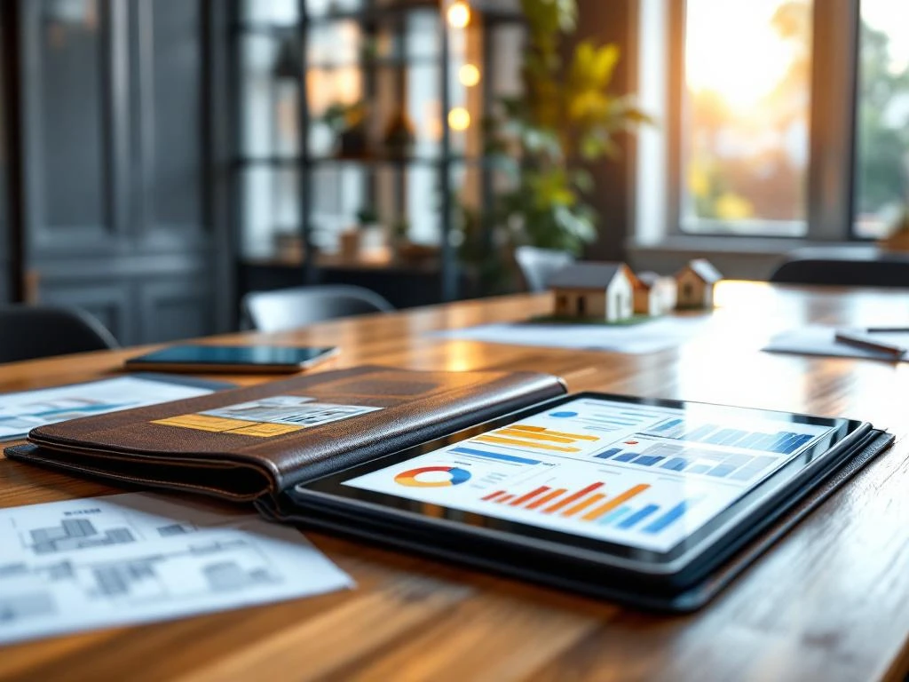 Moderne kantooromgeving met blauwdrukken, huismodellen en open portfolio met carrière-infographics op houten vergadertafel