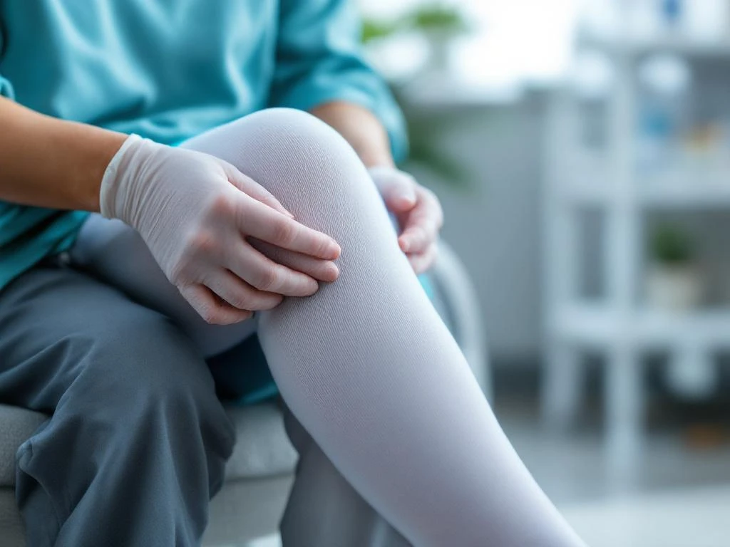 Verzorger trekt witte steunkous aan op been van oudere patiënt in heldere zorgomgeving met medische benodigdheden