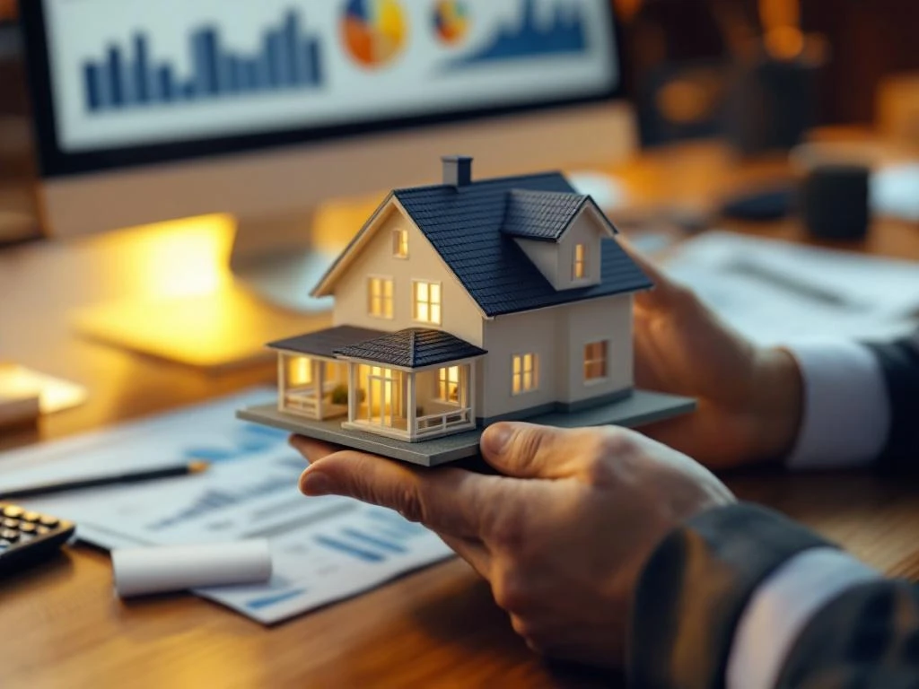 Handen houden architectuurmodel van huis boven hypotheekdocumenten en rekenmachine op houten bureau