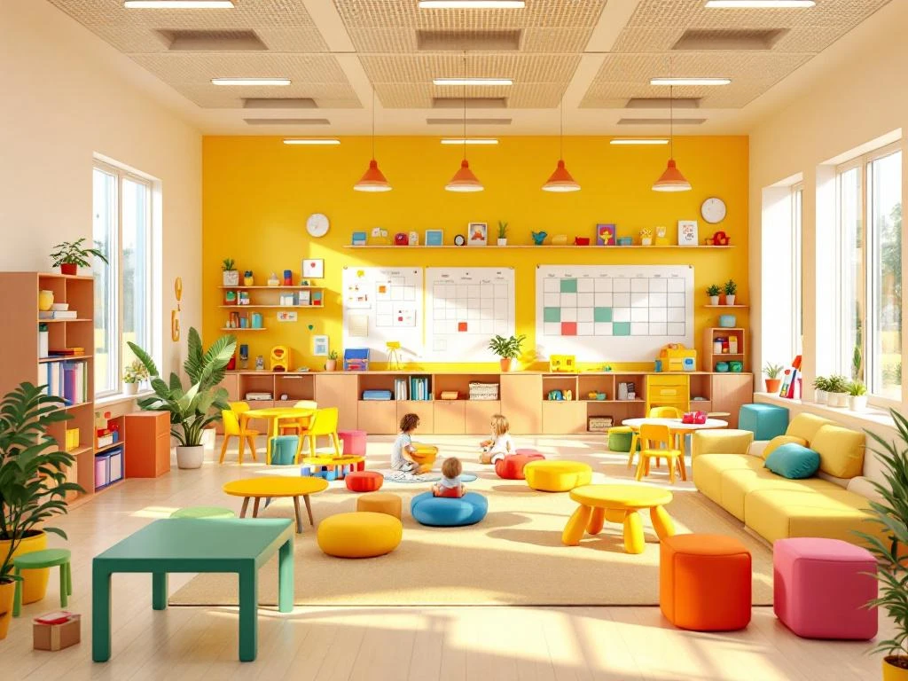 Moderne kinderdagverblijf met kleurrijke speelzones, modulair meubilair en flexibele ruimte-indeling voor verschillende leeftijdsgroepen