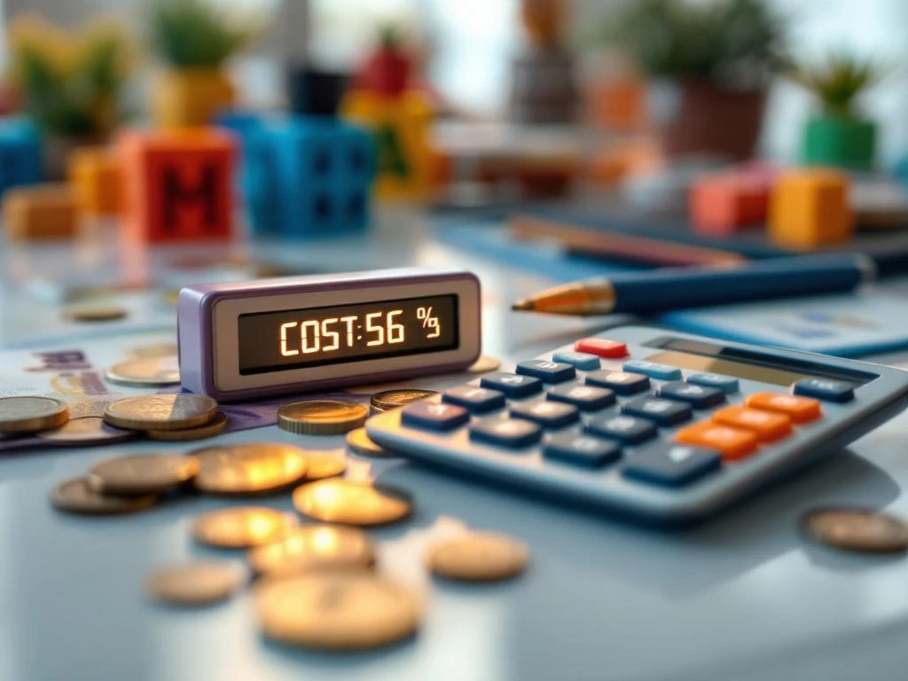Rekenmachine met kostenberekening omgeven door eurobiljetten en munten op bureau met kinderspeelgoed op achtergrond