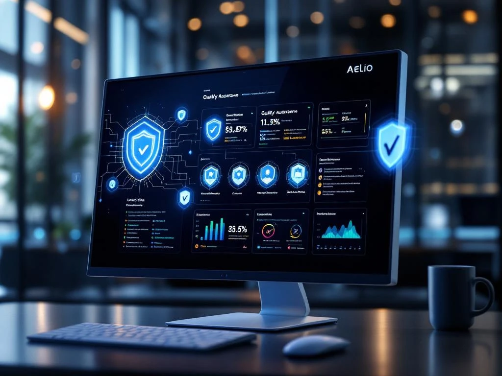 Aelio platform dashboard op monitor toont kwaliteitsmodules met blauwe datastromen, digitale beveiligingspictogrammen