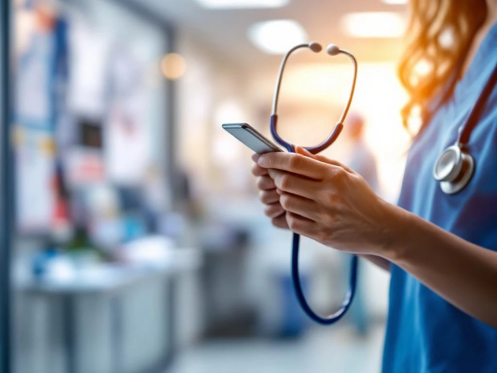 Jonge handen in medische kleding houden stethoscoop vast in zorgfaciliteit, symboliseert start zorgcarrière