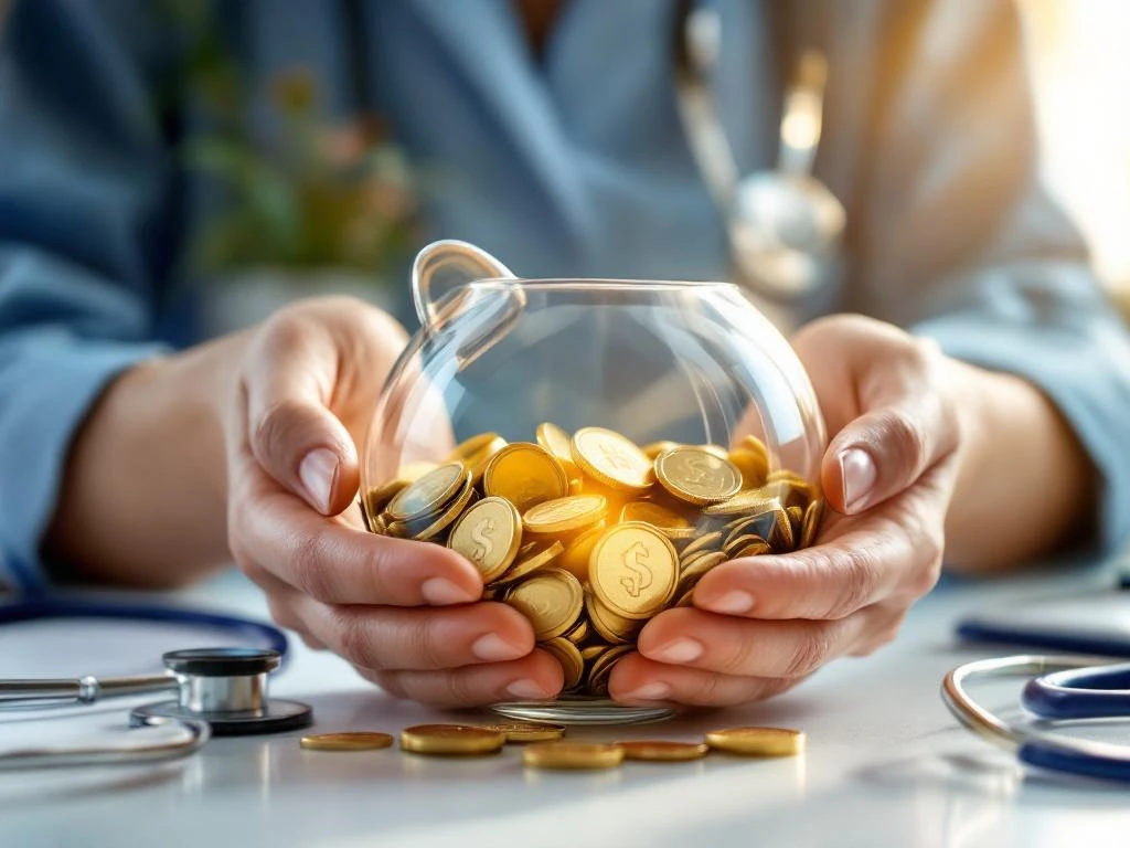 Handen houden glazen spaarvarken met gouden munten op bureau naast stethoscoop in medische omgeving