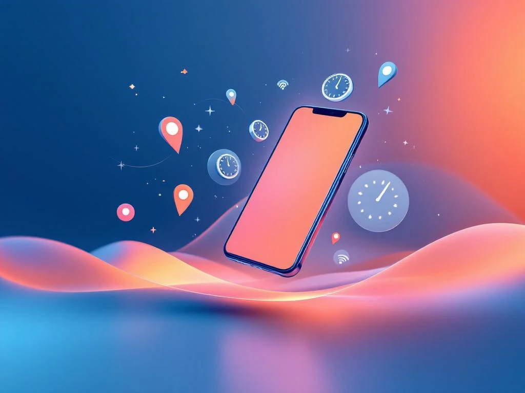 Smartphone met werk-app interface omringd door klokken, locatiepinnen en verbindingssymbolen op blauw-oranje achtergrond
