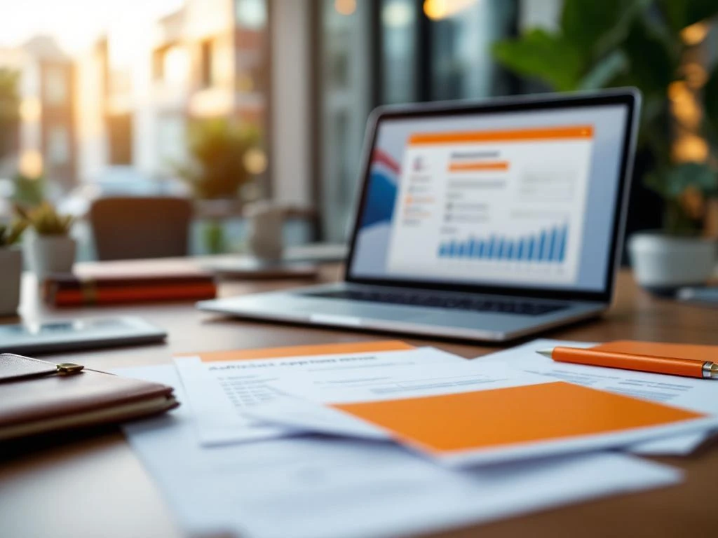 Modern bureau met Nederlandse overheidsdocumenten, laptop met aanvraagformulier en leren portfolio op georganiseerd bureau