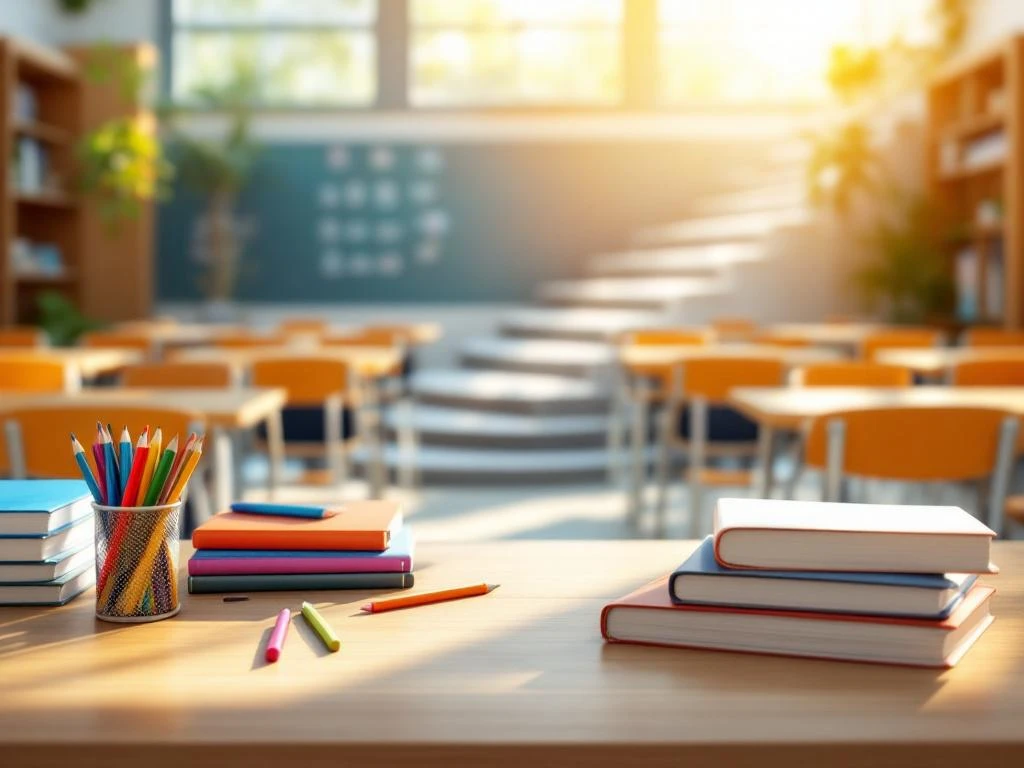 Modern klaslokaal met lege tafels, onderwijsmaterialen op voorgrond, trap die opwaarts leidt symboliseert carrièregroei