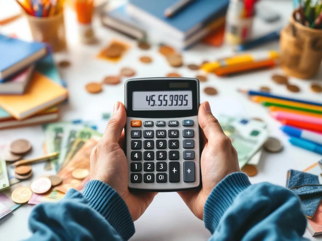 Handen met rekenmachine met salarisberekening, omringd door eurobiljetten en onderwijsmateriaal op wit bureau