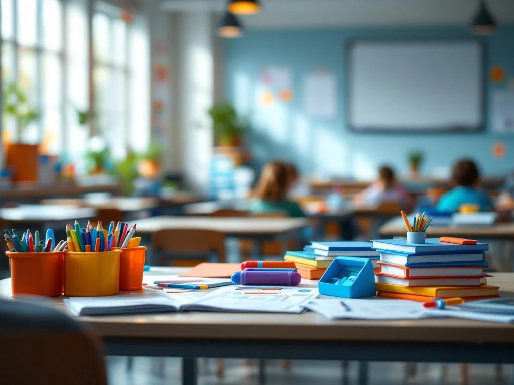 Georganiseerde werkplek van onderwijsassistent met leermaterialen, documenten en kleurrijke hulpmiddelen in moderne klas