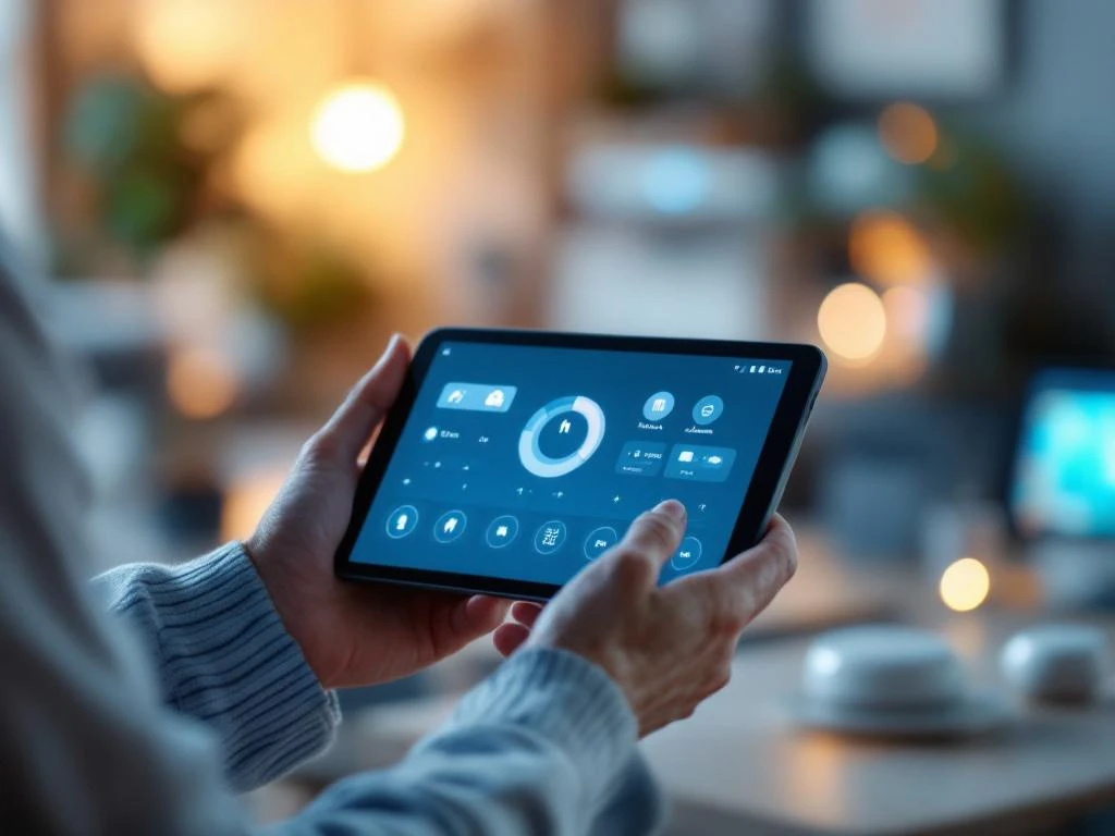 Oudere handen bedienen tablet met slimme huis-app, medische monitoring en automatisering op achtergrond