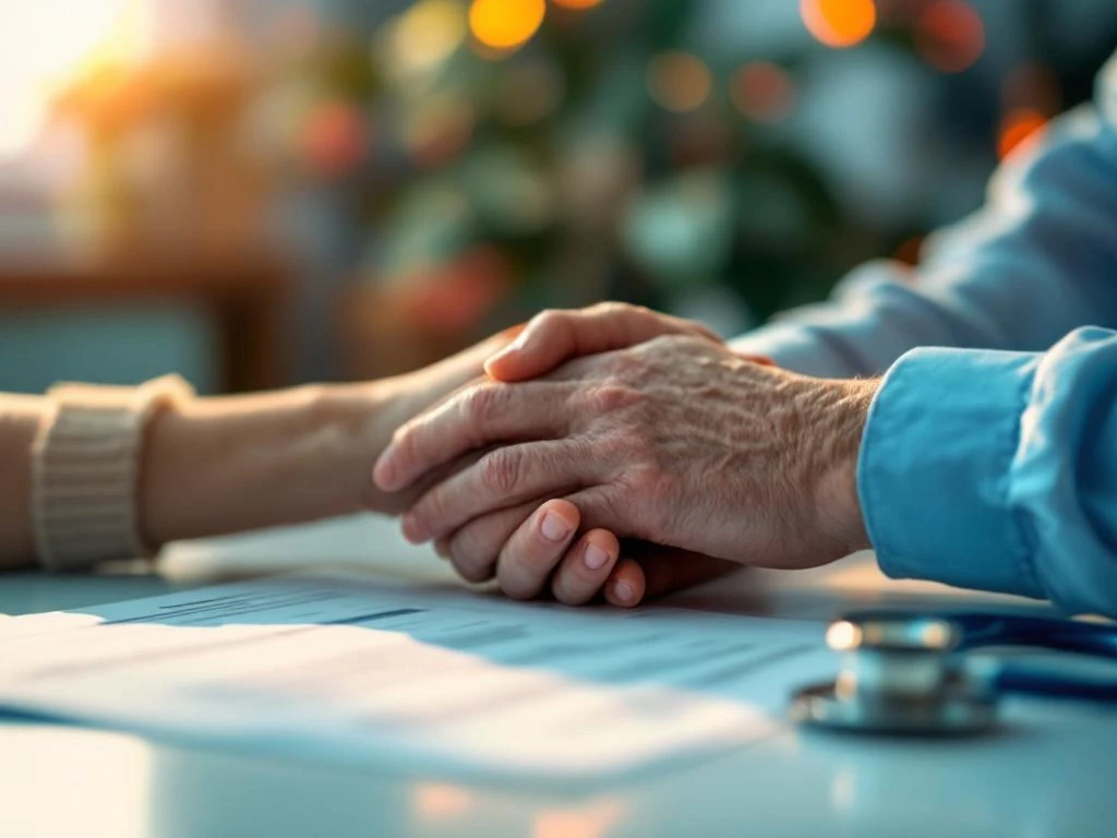 Zorgverlener houdt liefdevolle hand van oudere persoon vast in warme medische omgeving met stethoscoop op tafel