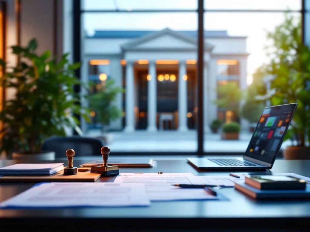 Modern gemeentehuis met officiële documenten op bureau, open deur symboliseert toegankelijke ambtenarencareers