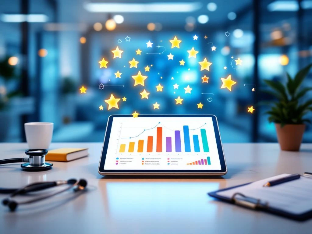 Tablet met kleurrijke patiënttevredenheidsgrafieken en sterren op medisch bureau met stethoscoop in moderne zorgomgeving