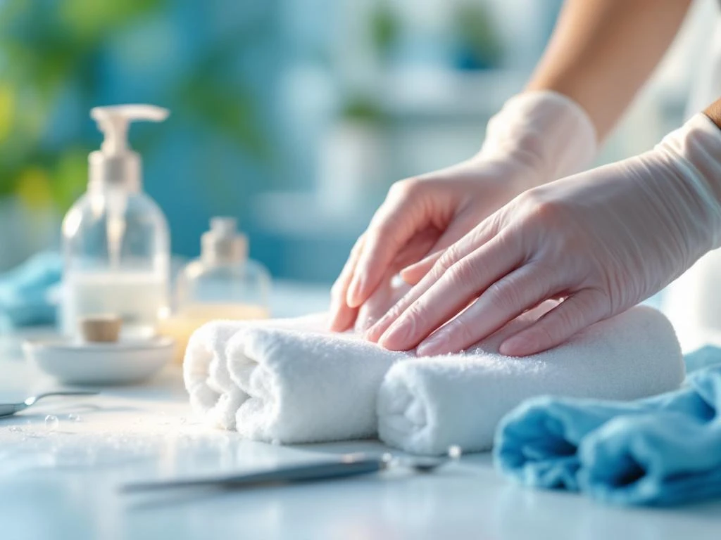 Zorgverlener met handschoenen biedt persoonlijke verzorging met handdoeken en zeep in professionele zorgomgeving