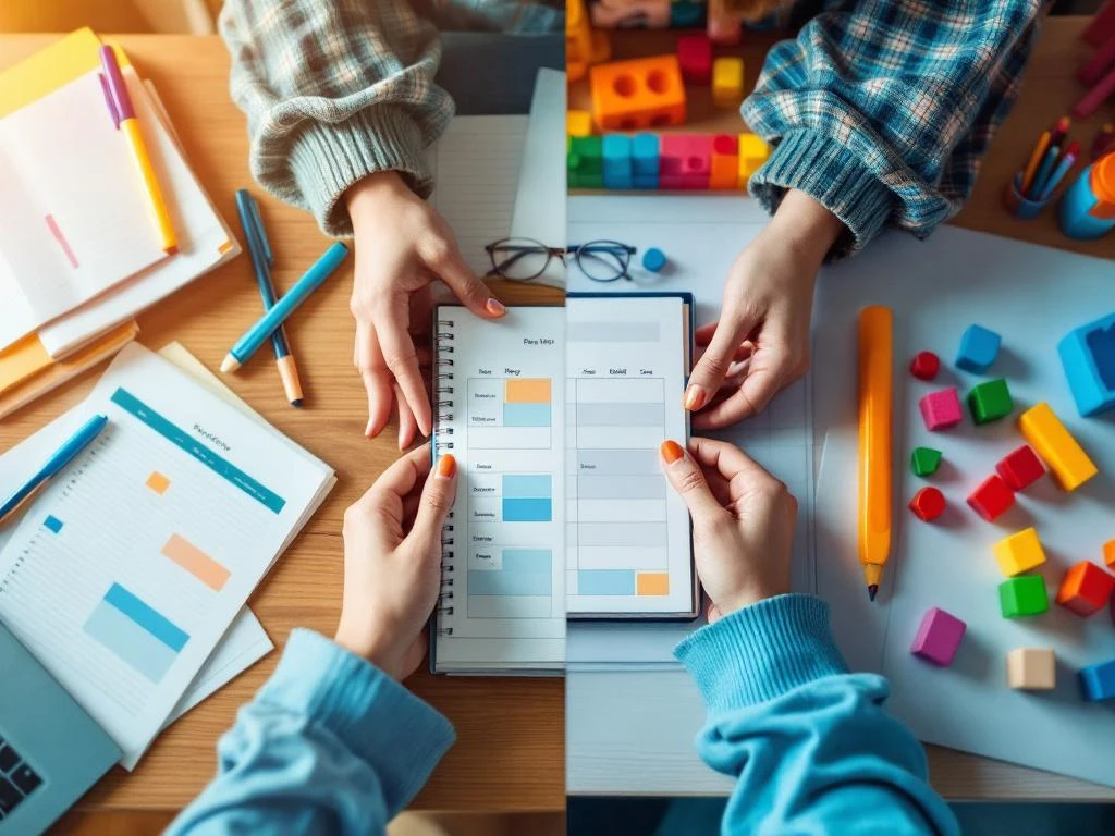 Handen van jonge professional houden studiemateriaal en kinderopvang items, met planner die balans toont