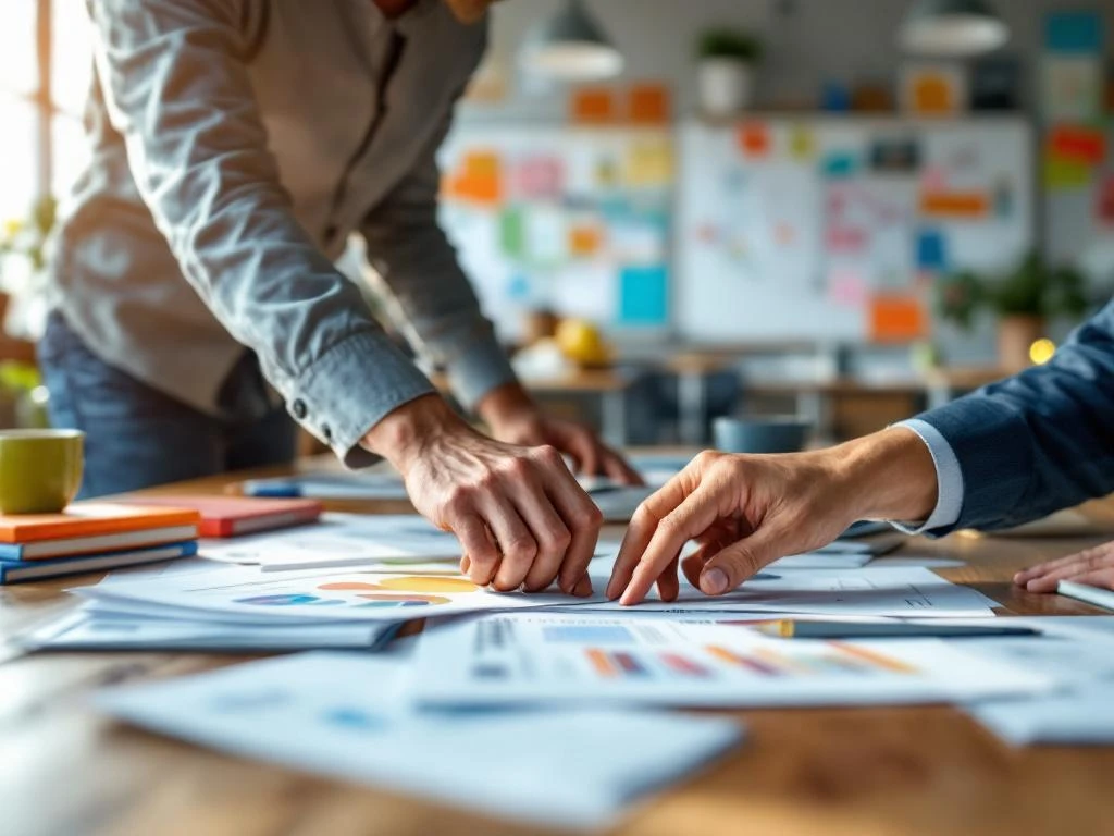 Twee professionals werken samen aan educatief materiaal op houten bureau in moderne klaslokaal met natuurlijk licht
