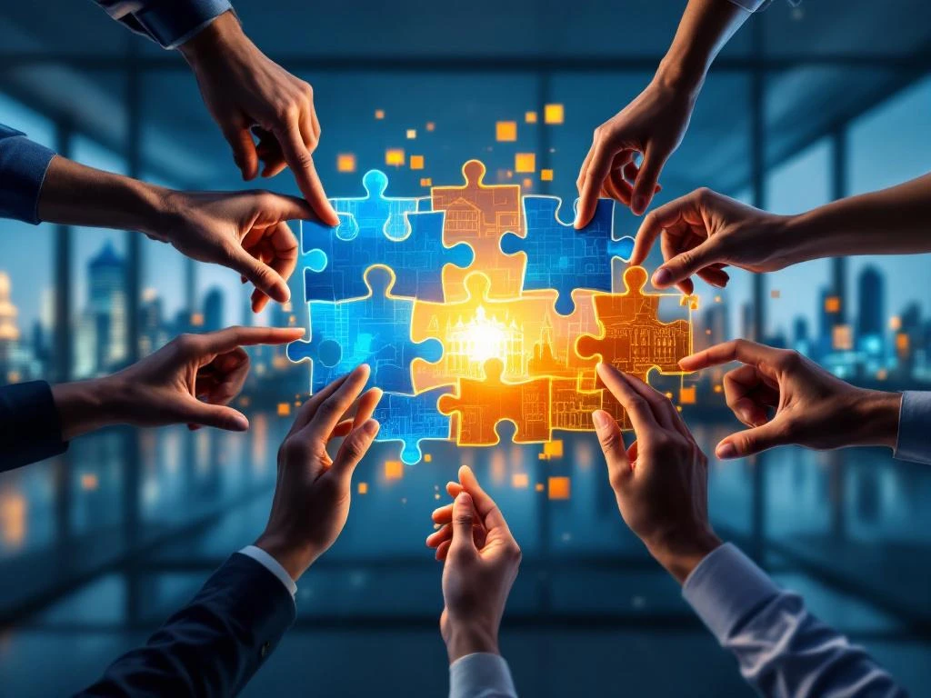 Diverse handen reiken naar gloeiend puzzelstuk in moderne kantooromgeving met overheidsgebouwen op achtergrond
