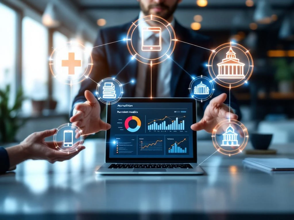 Moderne werkplek met laptop die recruitment analytics toont, holografische sectorsymbolen en verbindingslijnen in blauw-oranje thema