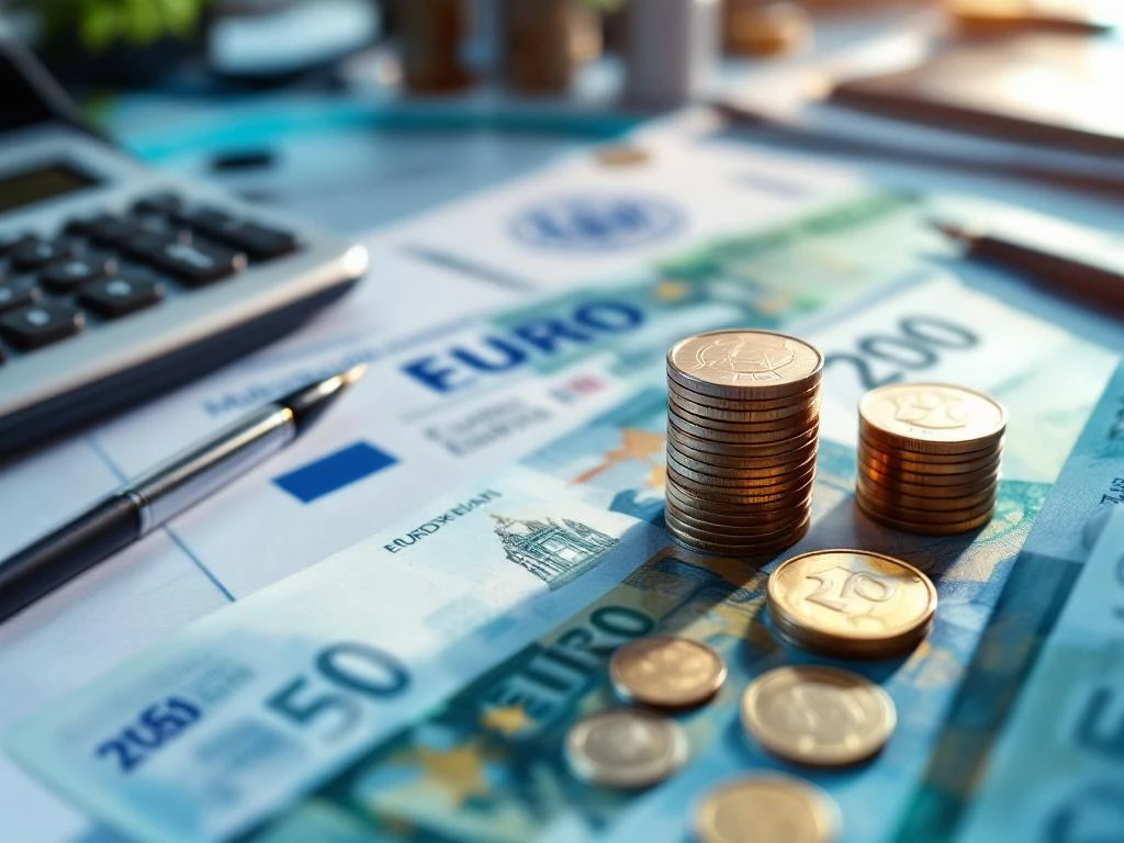 Euro bankbiljetten en munten op wit bureau naast Nederlandse overheidsdocumenten, rekenmachine en pen voor salarisberekening