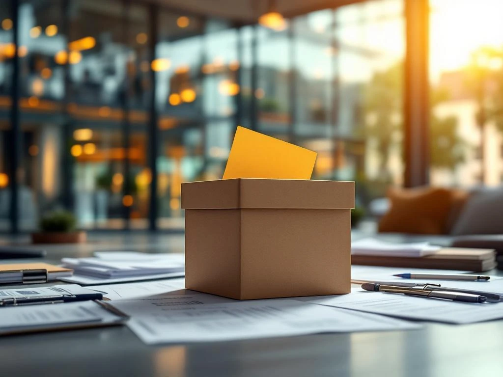 Stembus met stembiljetten op bureau voor modern Nederlands gemeentehuis met glazen gevel