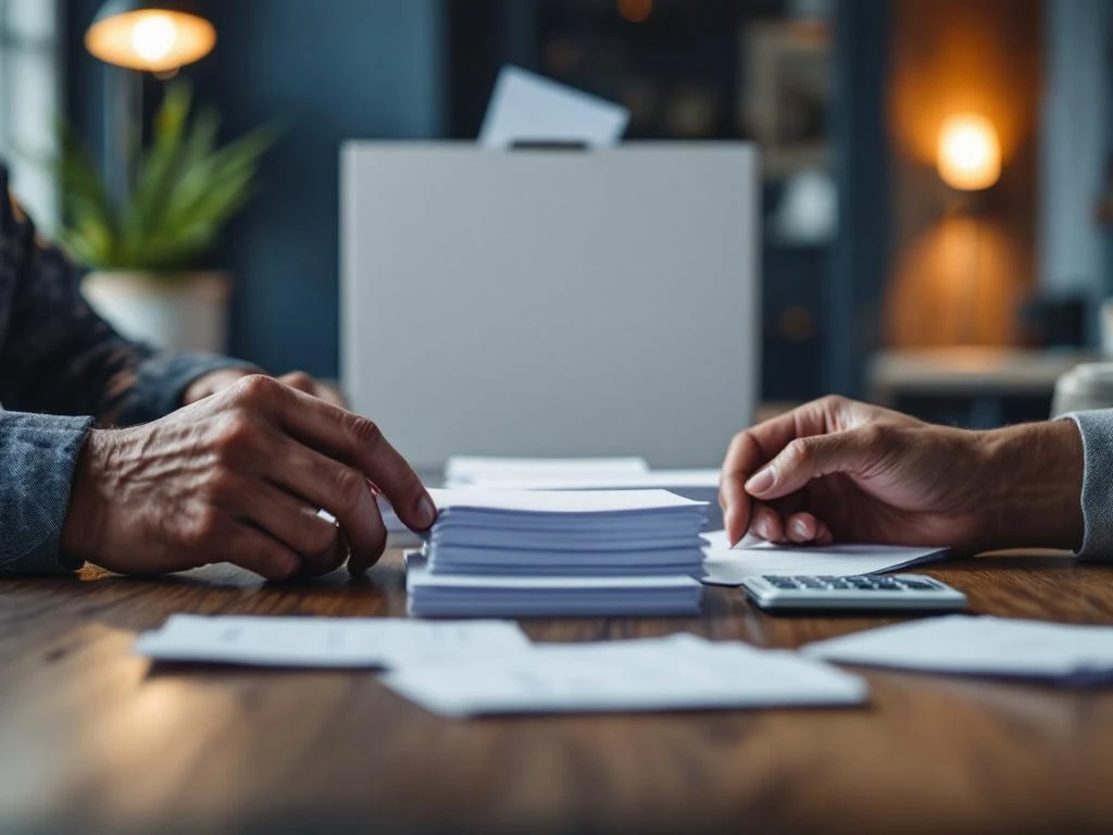 Handen tellen papieren stemmen aan houten tafel met stembiljetten, rekenmachine en stembus op achtergrond