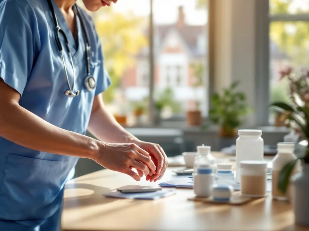 Zorgverlener in medische kleding organiseert medische benodigdheden op houten tafel in lichte Nederlandse woonkamer