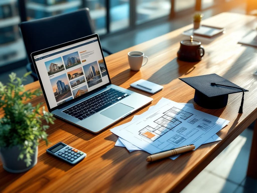 Modern bureau met laptop met vastgoedlijsten, blauwdrukken, rekenmachine en afstudeerpet op houten oppervlak