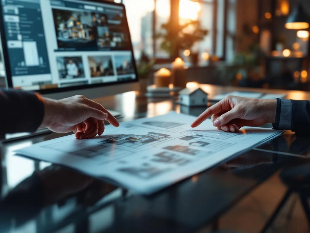 Vastgoedkantoor met handen die wijzen naar blauwdrukken en documenten op bureau met computer en professionele verlichting