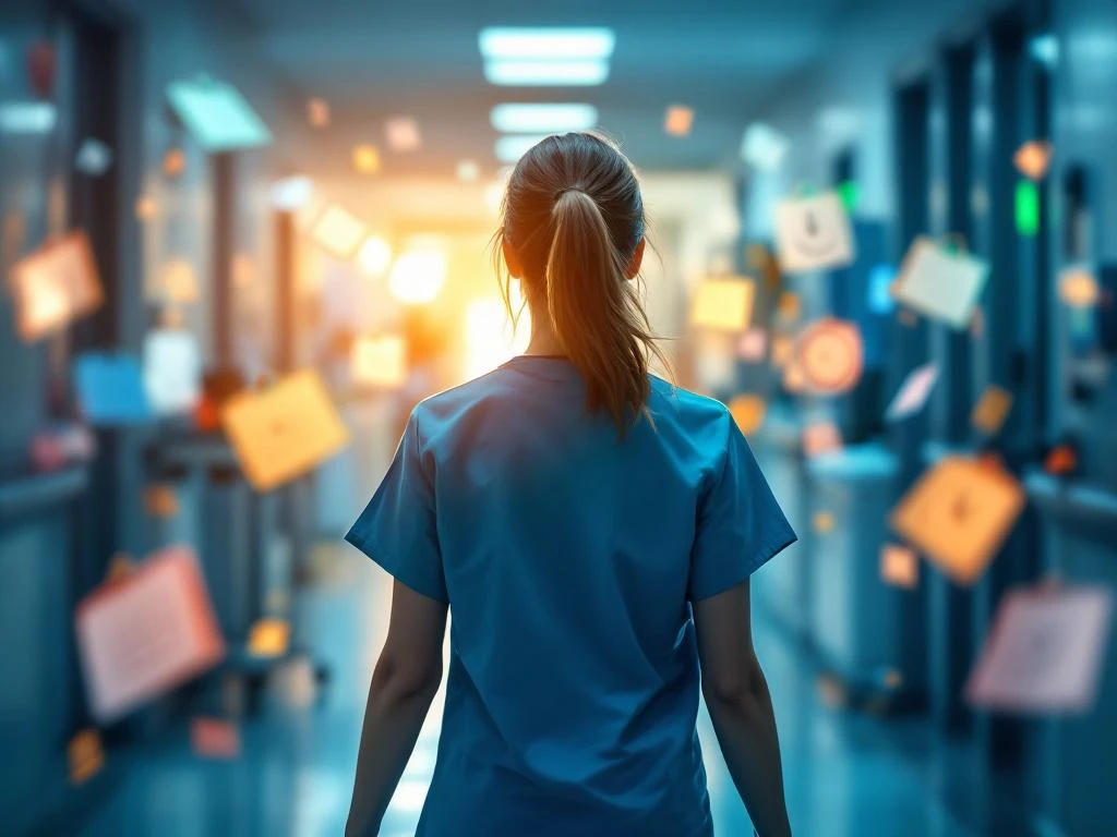 Verpleegkundige loopt door moderne ziekenhuisgang met zwevende kalenders en klokken die flexibele werkroosters symboliseren