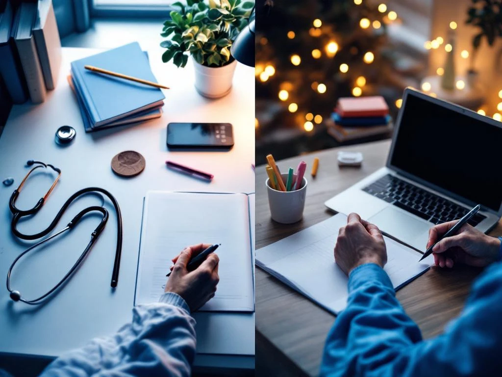 Verpleegkundige schrijft notities tussen medische apparatuur en studiemateriaal op gesplitst bureau met laptop en koffie