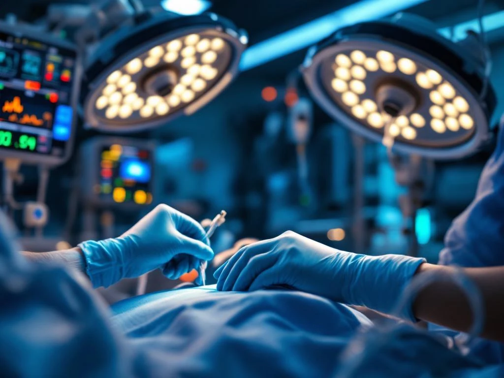 Verpleegkundige handen in blauwe handschoenen voeren kritieke zorgprocedures uit in moderne ziekenhuis spoedeisende hulp