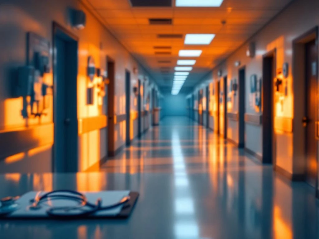 Lege ziekenhuisgang met verlaten verpleegstations, stethoscoop op onbemande receptie, warme verlichting toont personeelstekort