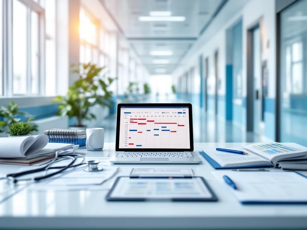 Moderne ziekenhuisgang met professionele planningswerkplek, medische kalenders en digitale tablets voor patiëntenzorg