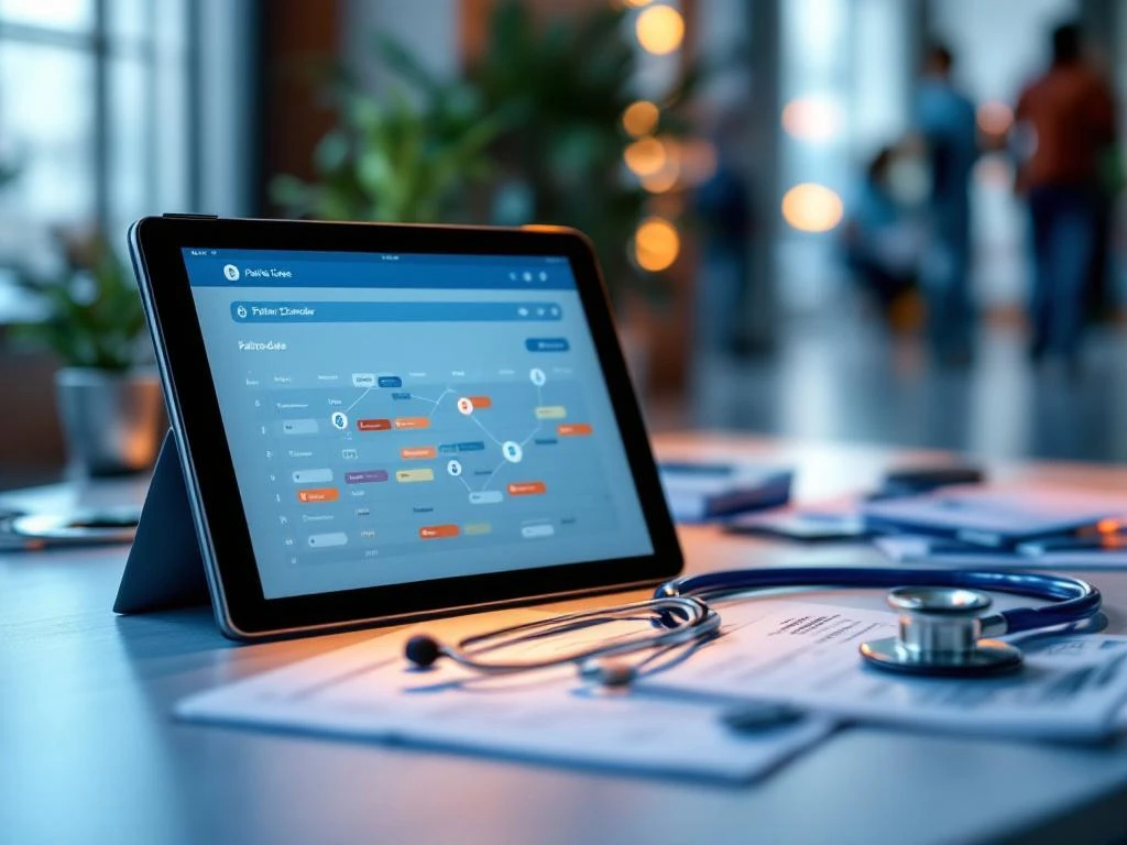 Moderne zorgcoördinatie werkplek met medische dossiers, tablet met patiëntenschema's en stethoscoop op bureau