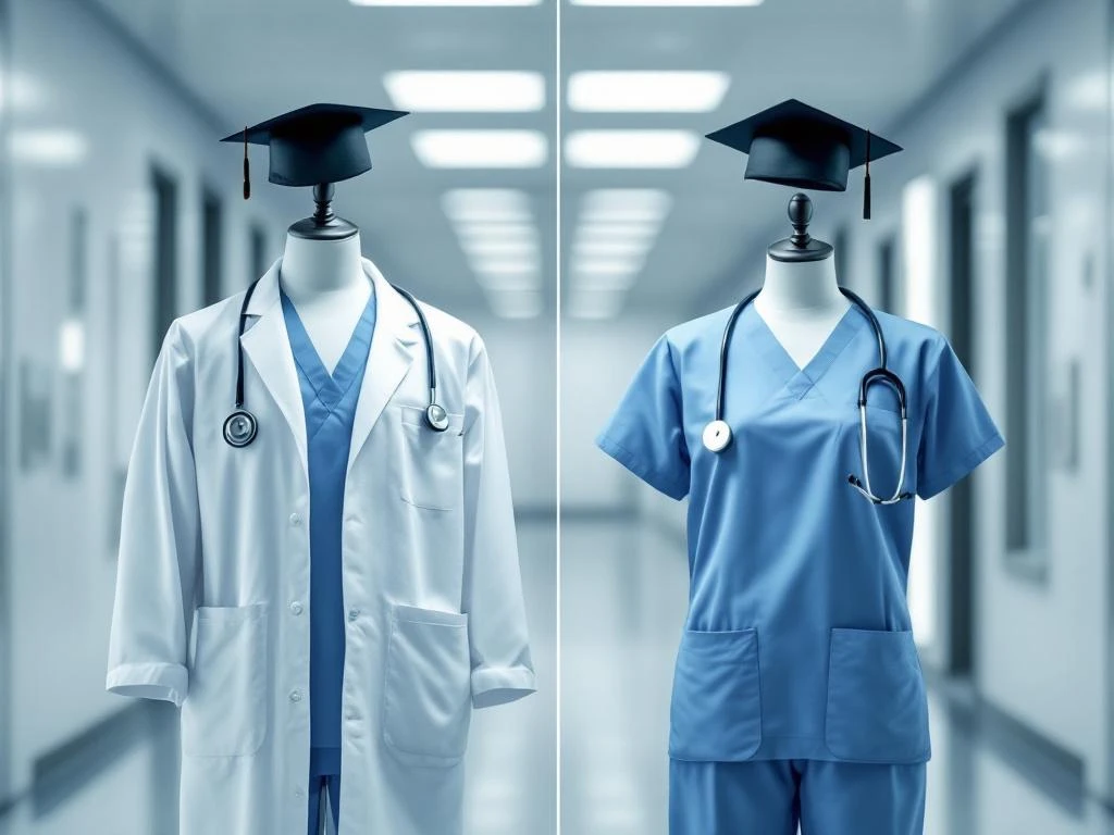 Twee zorgprofessional uniformen op mannequins: HBO-niveau met witte jas en stethoscoop, MBO-niveau met standaard scrubs