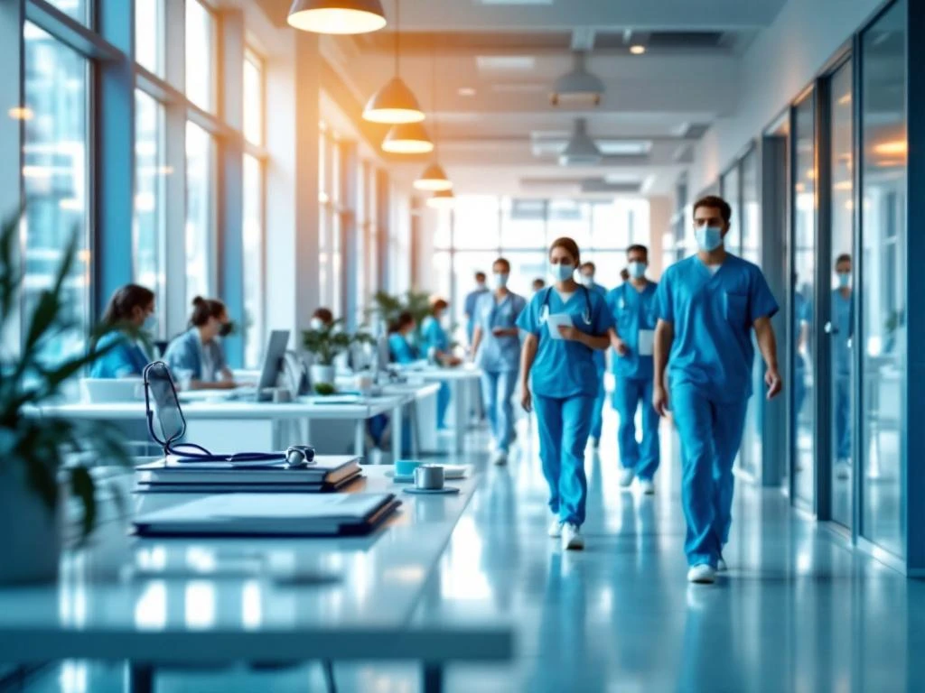 Zorgprofessionals in scrubs lopen door moderne ziekenhuisgang met uitzendbureau op achtergrond, medische documenten zichtbaar