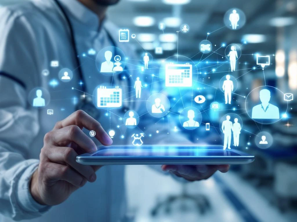 Tablet met digitale zorgpersoneel managementplatform omringd door holografische medische iconen in moderne ziekenhuisomgeving