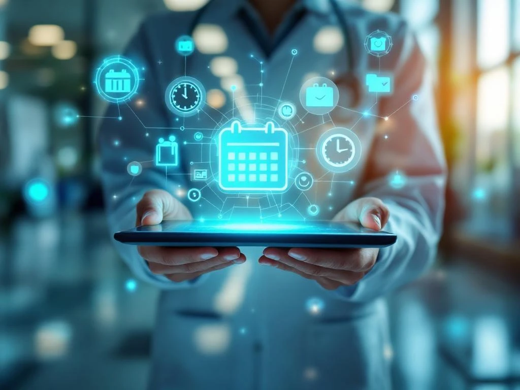 Zorgprofessional houdt tablet met flexibele werkroosters vast in modern ziekenhuis met holografische kalender iconen