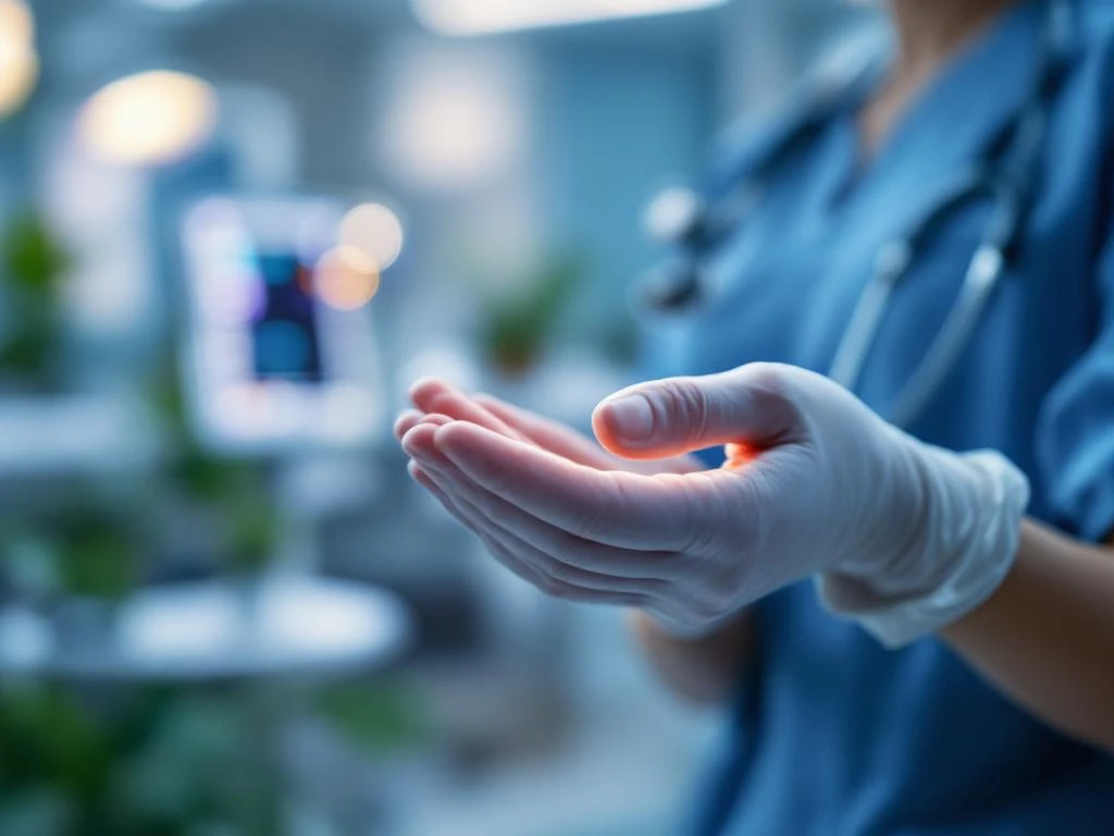 Zorgverlener in medische handschoenen houdt stethoscoop vast in moderne zorgfaciliteit met professionele verlichting