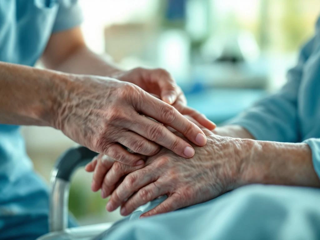 Zorgverlener helpt oudere persoon met dagelijkse verzorging in professionele zorgomgeving met medische apparatuur