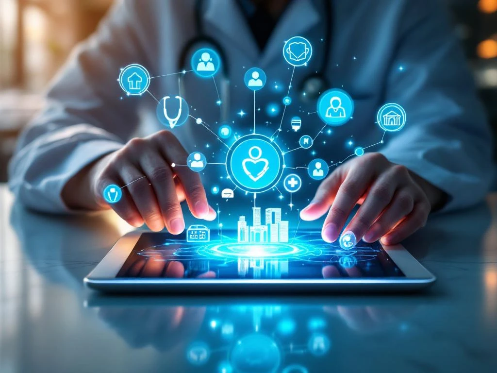 Tablet met digitale zorgverlener-instelling matching interface, omringd door holografische medische iconen en verbindingslijnen