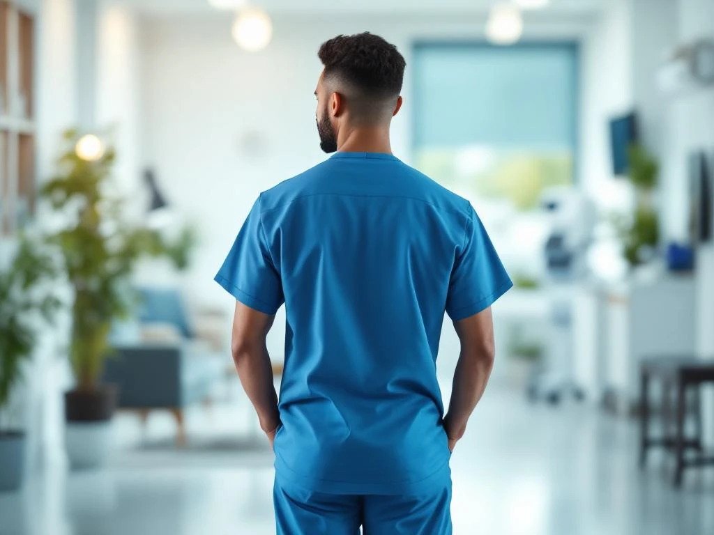 Zorgprofessional in scrubs loopt door moderne zorgfaciliteit met natuurlijk licht en medische apparatuur op achtergrond