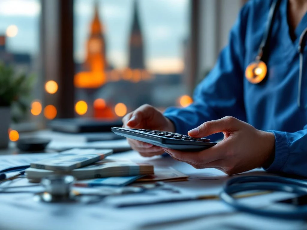 Handen in medische kleding houden rekenmachine met salarisberekening, euro bankbiljetten en zorgdocumenten op bureau Utrecht
