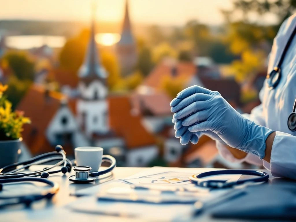 Zorgverlener in handschoenen houdt stethoscoop vast met Noord-Brabantse daken en kerktorens op achtergrond