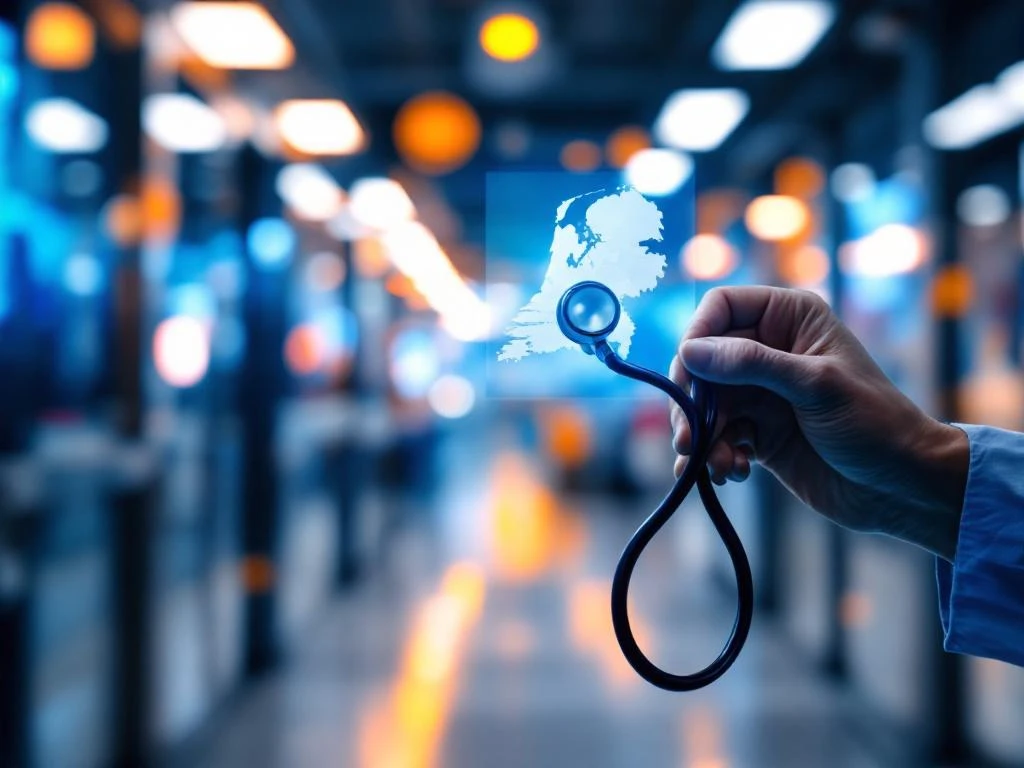 Zorgverlener houdt stethoscoop vast met kaart van Noord-Brabant en Gelderland op achtergrond, moderne ziekenhuisomgeving