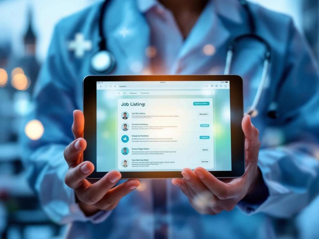 Zorgprofessional houdt tablet met vacatures vast, Utrecht's Domtoren op achtergrond, medische apparatuur zichtbaar