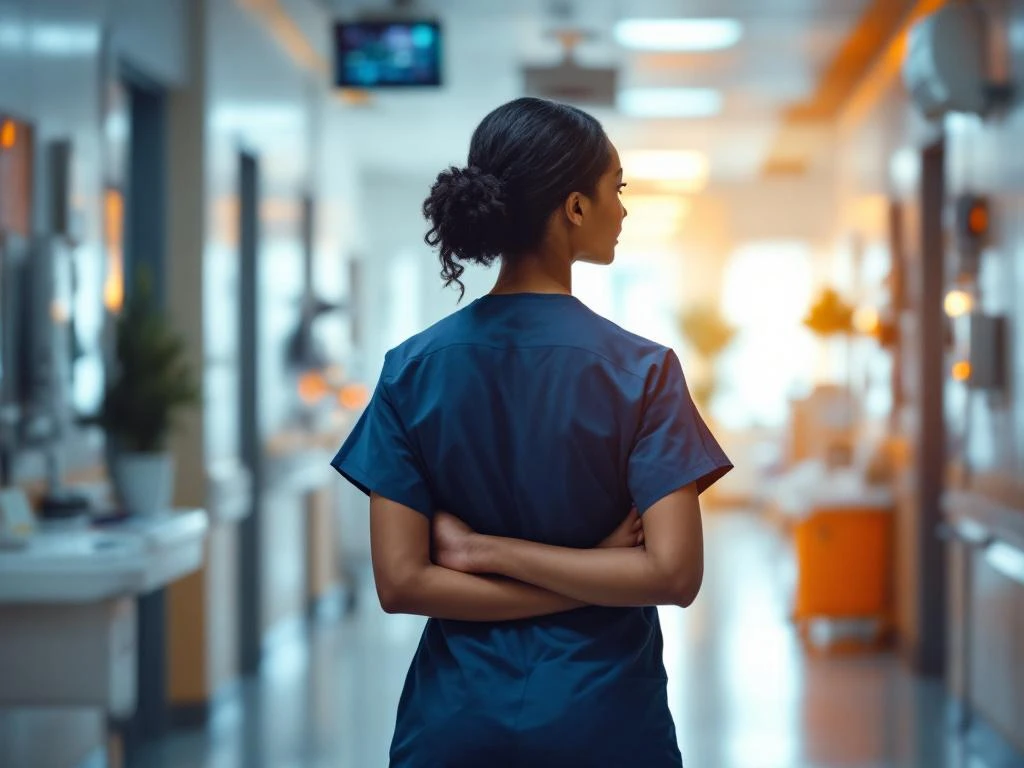 Zorgverlener in scrubs loopt door moderne ziekenhuisgang met medische apparatuur en professionele verlichting
