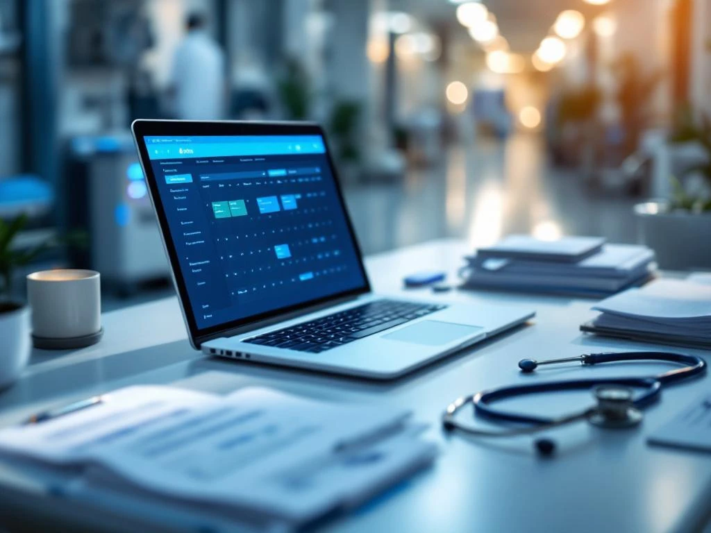 Moderne zorgadministratie werkplek met laptop, digitale planning software, medische dossiers en stethoscoop op wit bureau